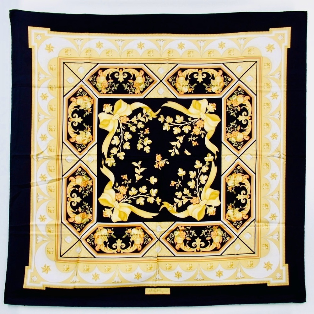 Salvatore Ferragamo Vintage Silk Scarf Baroque Floral Black Gold Print with Box - Picture 5 of 8